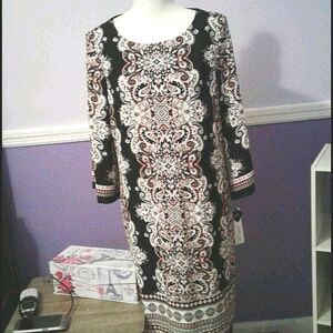 Studio One Black Off White Paisley Flare Sleeves Shift Jersey Mini Dress PL